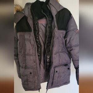 Ben Sherman Nylon Gray/Black Puffer/Bubble Jacket Faux Fur Hood W Quilted Vestee